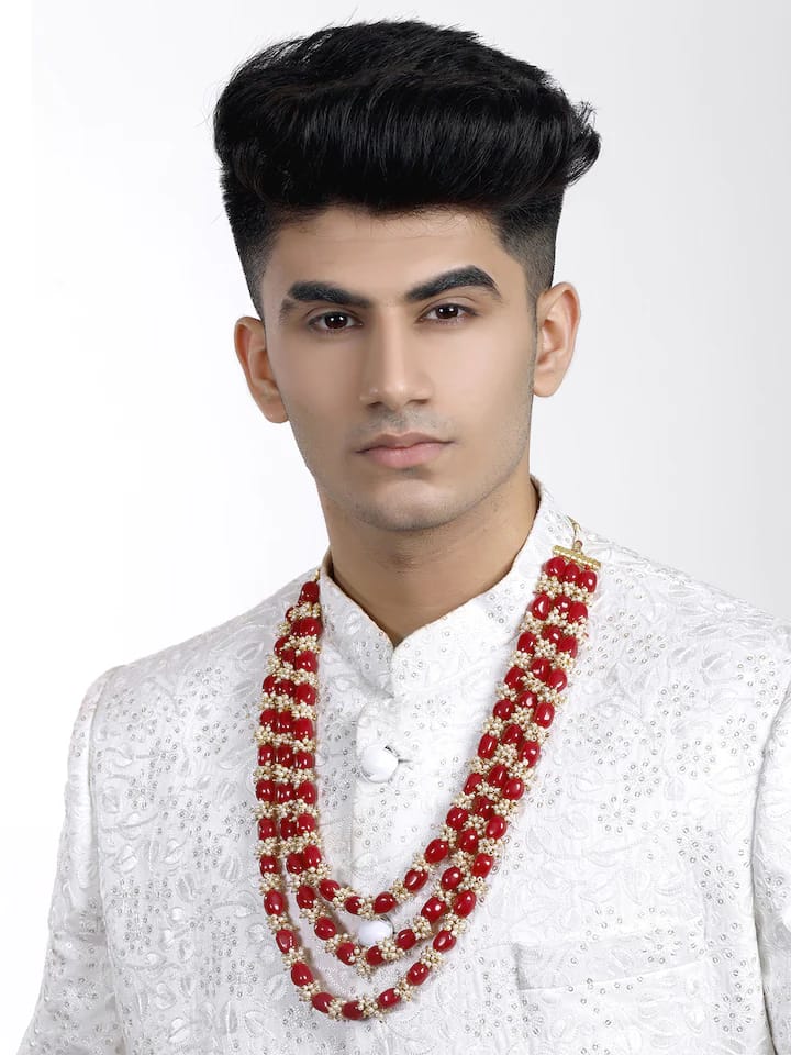 Men's Gold-Plated White & Red Layered Groom Necklace