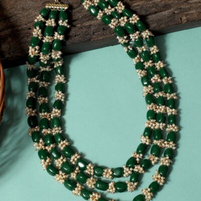 Men's Gold-Plated White & Green Layered Groom Necklace