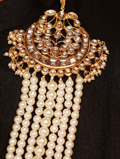 Man's Kundan & Peral Long Groom Necklace - Image 4