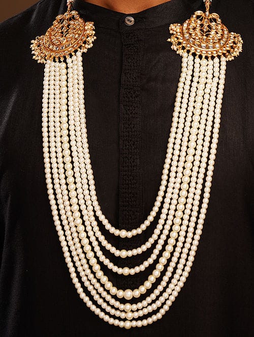 Man's Kundan & Peral Long Groom Necklace - Image 3