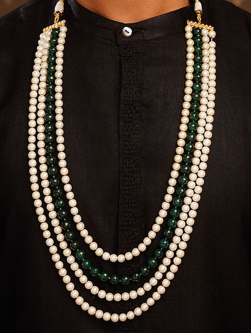 Men's Gold-Plated White & Green Layered Groom Necklace - Image 3