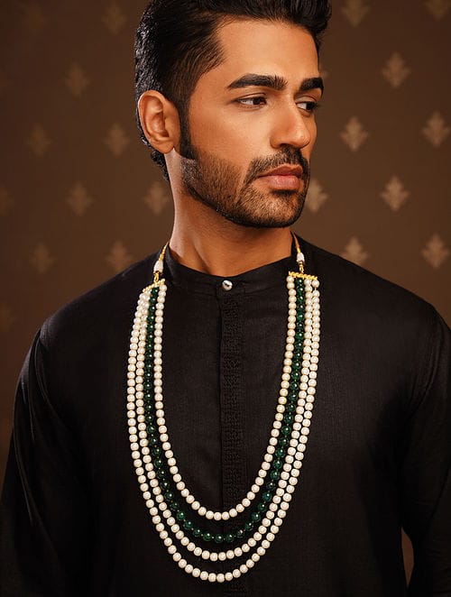 Men's Gold-Plated White & Green Layered Groom Necklace