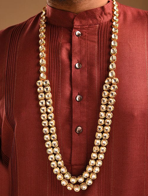 Gold Finish Kundan Polki Groom Necklace - Image 3