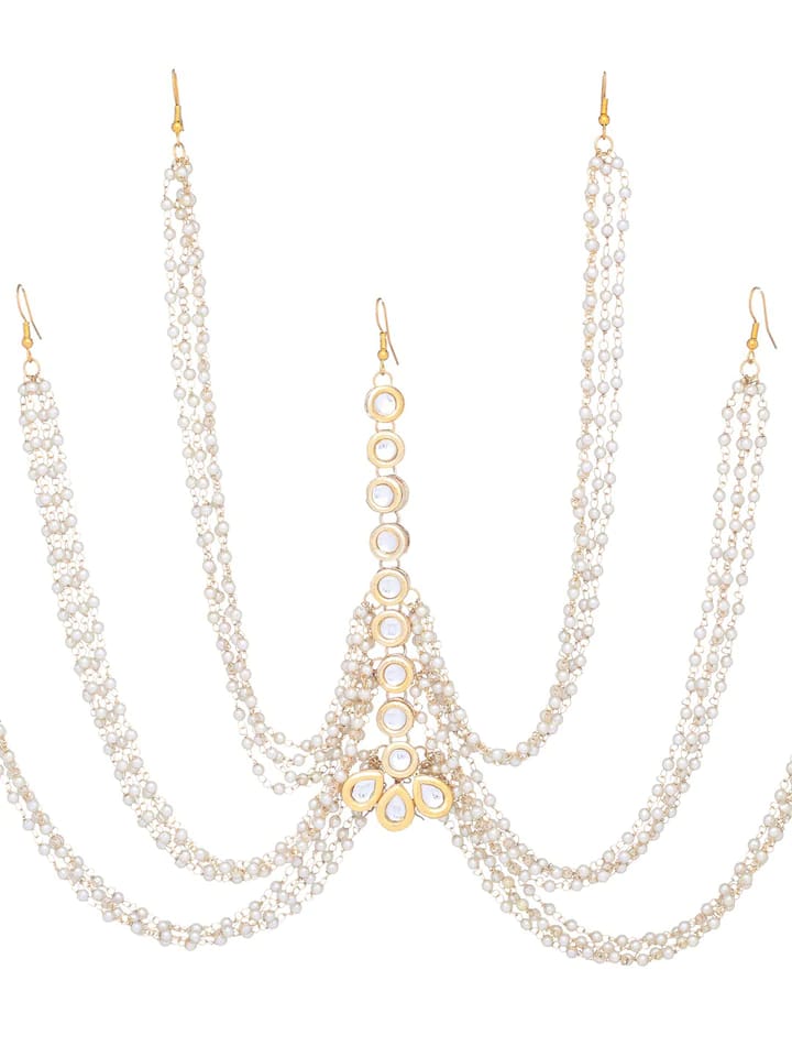 Gold Plated White Kundan Studded & Beaded Mathapatti - Image 4