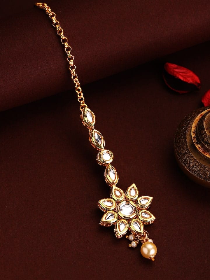 Gold Plated Kundan Stone Studded Floral Maangtikka