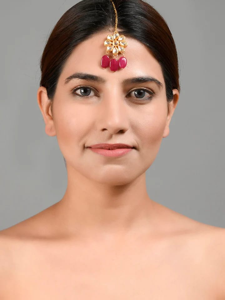 Gold-Plated White & Maroon Kundan-Studded & Beaded Handcrafted Maangtikka - Image 2