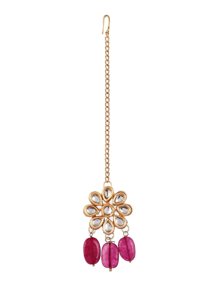 Gold-Plated White & Maroon Kundan-Studded & Beaded Handcrafted Maangtikka - Image 3