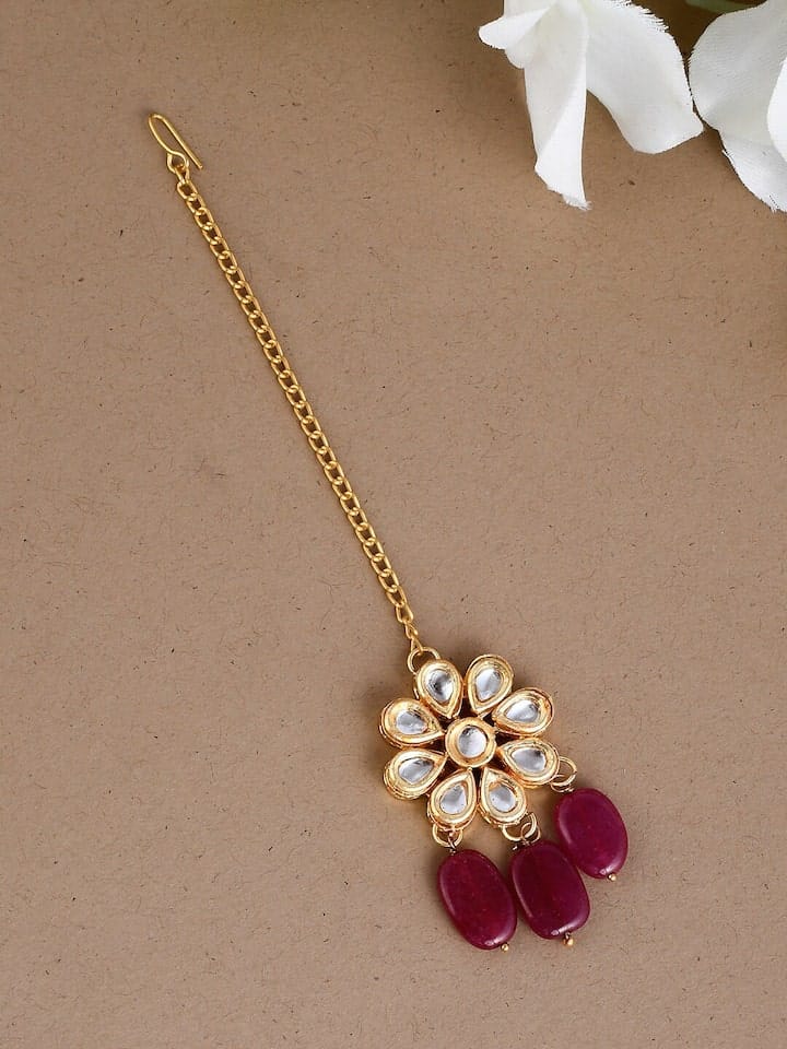 Gold-Plated White & Maroon Kundan-Studded & Beaded Handcrafted Maangtikka