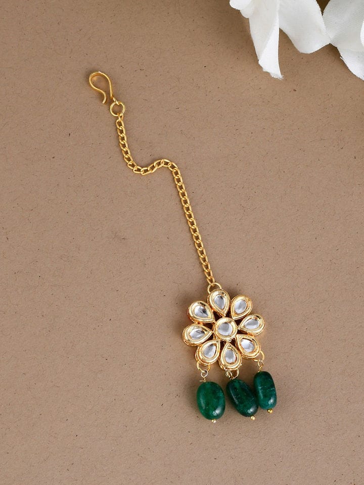 Gold-Plated White & Maroon Kundan-Studded & Beaded Handcrafted Maang Tika