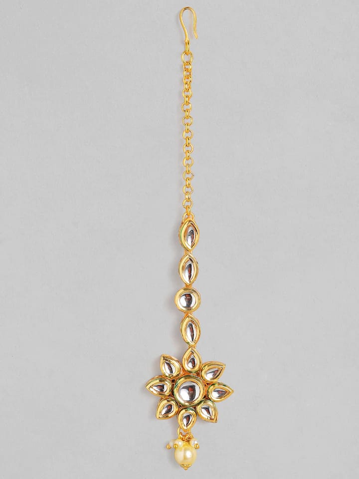 Gold-Plated White Kundan Studded & Beaded Maang Tikka - Image 4