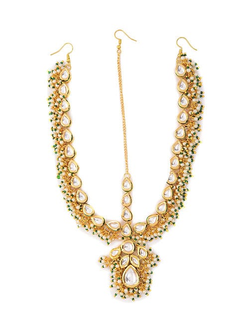 Gold Finish Kundan Polki & Pearls Mathapatti - Image 2