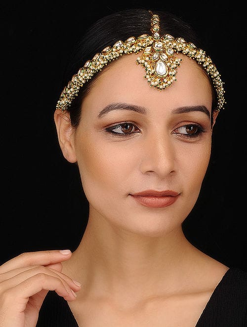 Gold Finish Kundan Polki & Pearls Mathapatti