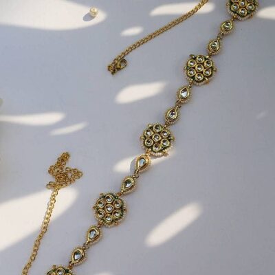 Gold Plated White Kundan Studded & Pearl Beaded Matha Patti