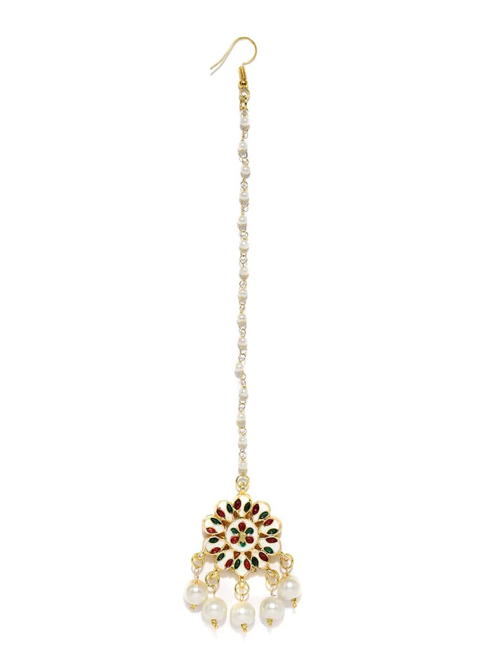 Gold-Plated & White Faux Kundan-Studded Handcrafted Maangtikka - Image 4