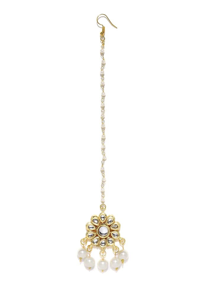 Gold-Plated & White Faux Kundan-Studded Handcrafted Maangtikka - Image 3