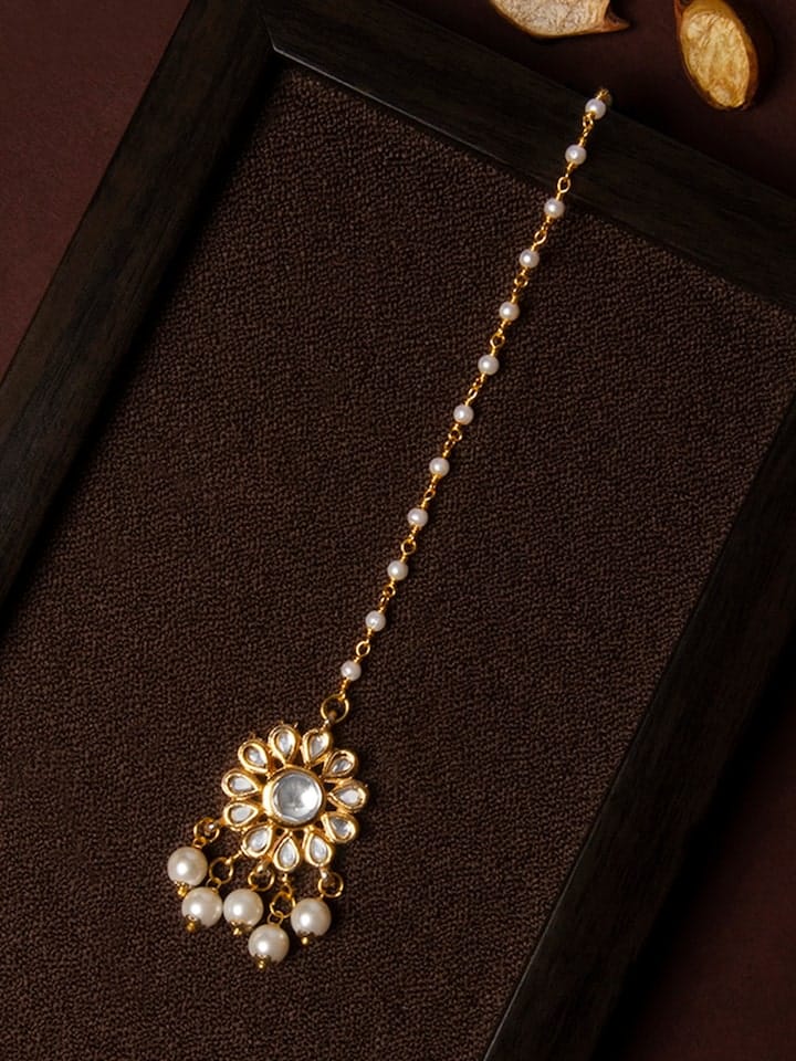 Gold-Plated & White Faux Kundan-Studded Handcrafted Maangtikka