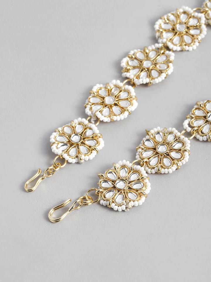Gold Plated White Kundan Studded & Pearl Beaded Matha Patti - Image 4