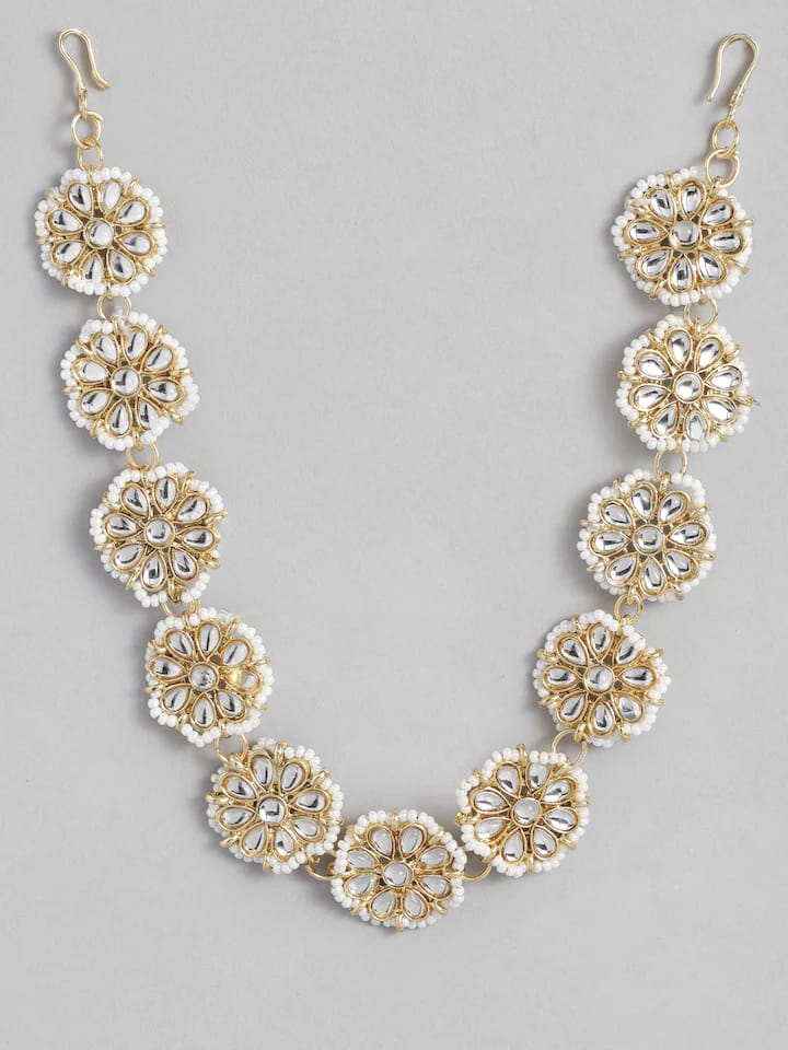 Gold Plated White Kundan Studded & Pearl Beaded Matha Patti
