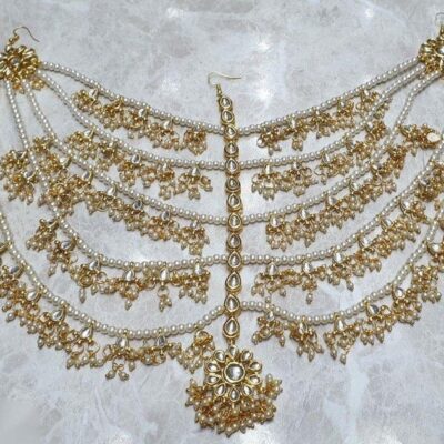 Gold-plated Kundan-studded & Pearl Beaded Matha Patti