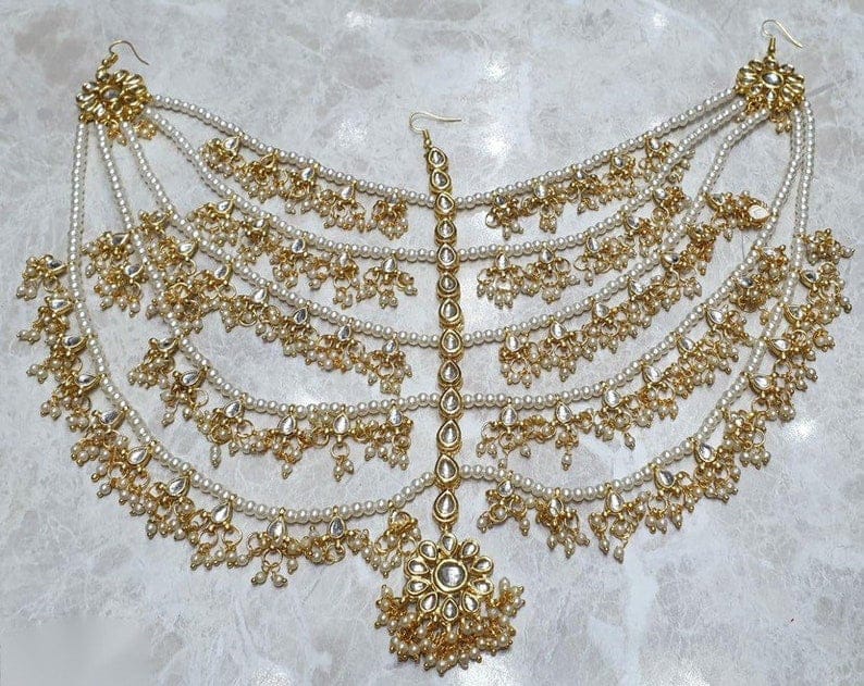 Gold-plated Kundan-studded & Pearl Beaded Matha Patti - Image 2