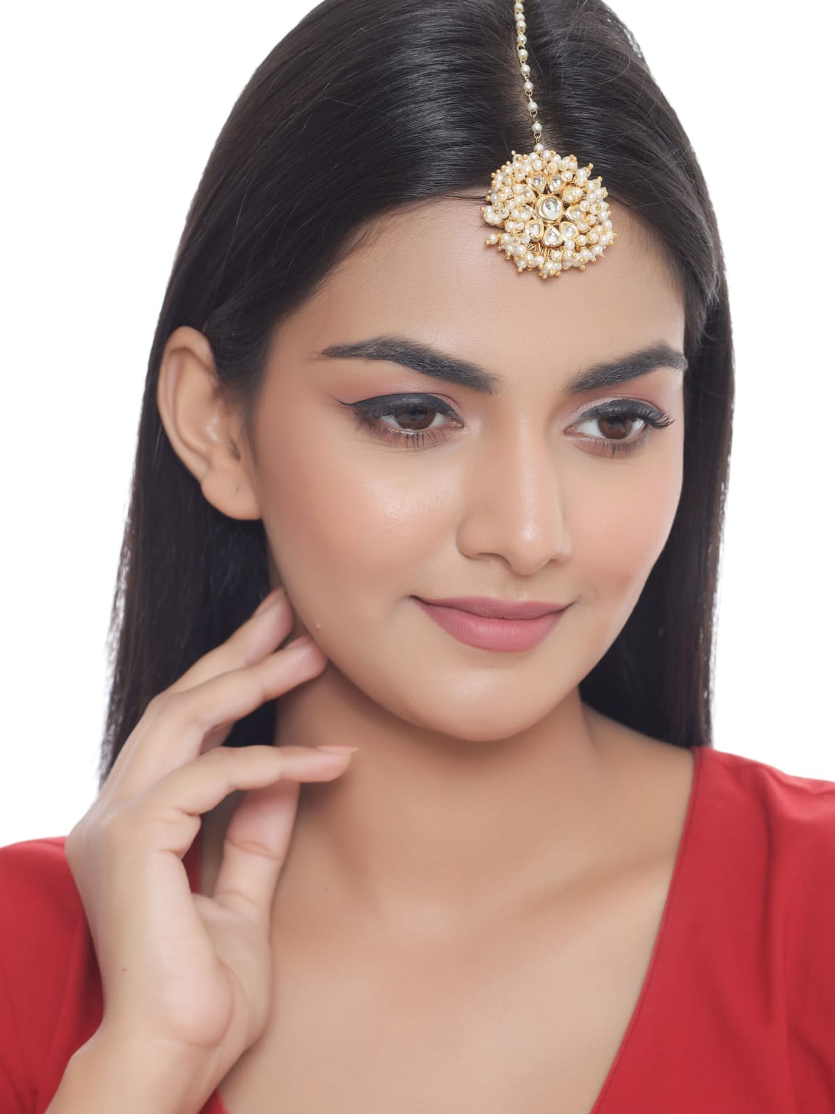 Gold-Plated Kundan Studded and Beaded Maang Tikka - Image 2