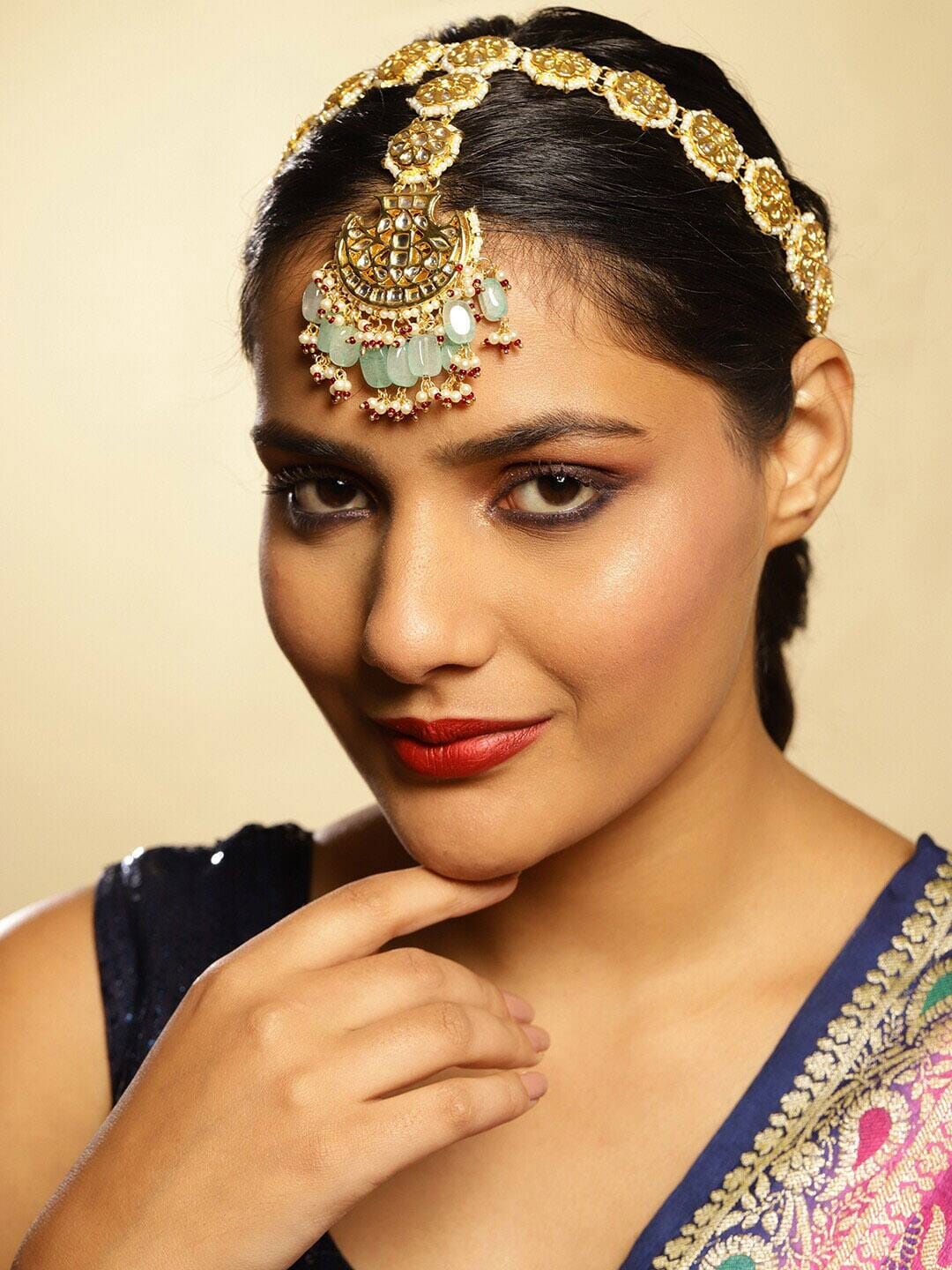 Gold Tone Kundan Polki Headband - Image 2