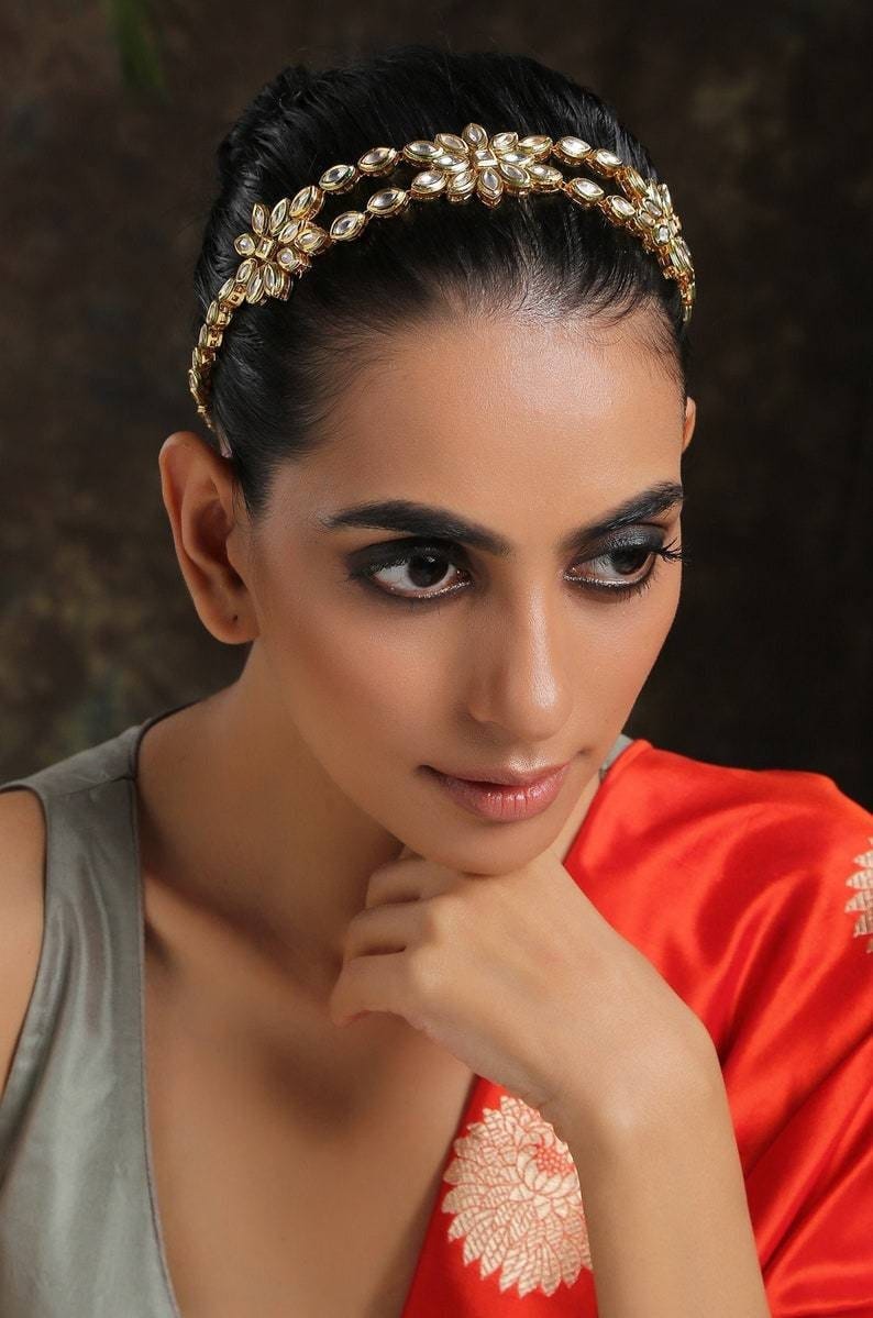 Gold Tone Kundan Polki Headband - Image 2
