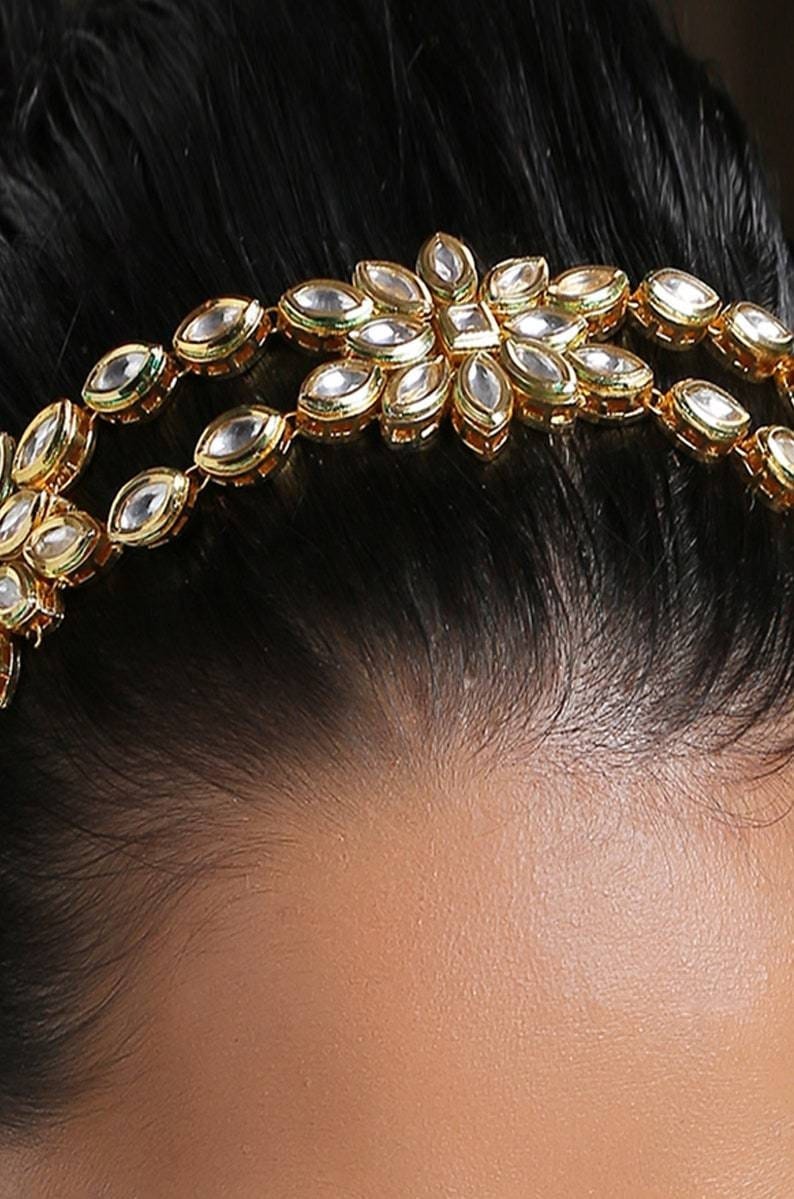 Gold Tone Kundan Polki Headband - Image 3