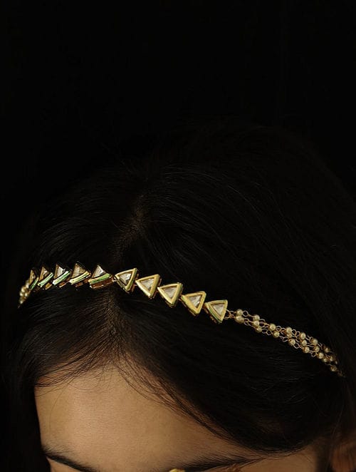 Gold Plated Artificial Stones Pearl Cluster Mathapatti - Image 2