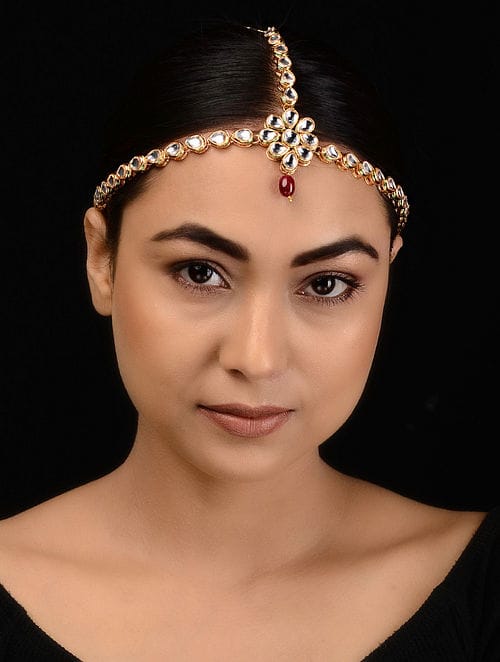 Gold Plated Artificial Stones Pearl Cluster Mathapatti - Image 2