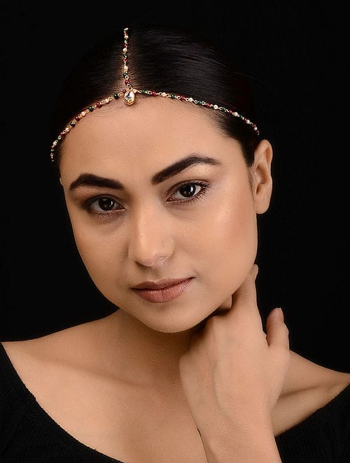 Gold Plated Artificial Stones Pearl Cluster Mathapatti - Image 2