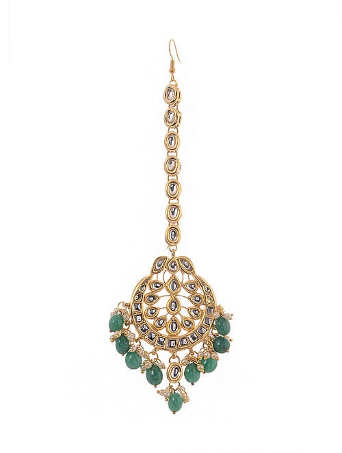 Gold Plated Artificial Stones Pearl Cluster Maangtika - Image 2