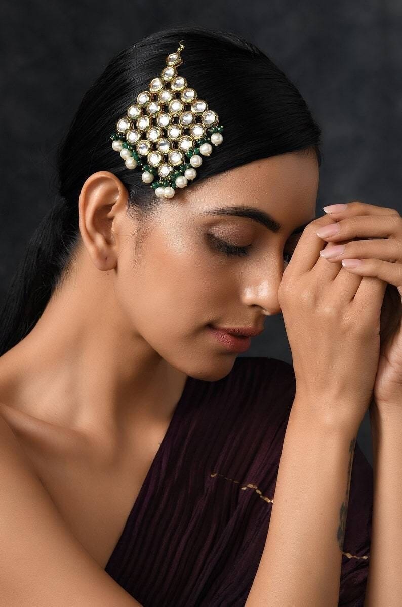 Gold Plated Green Emerald Kundan Passa Bridal Jhoomar Jewellery - Image 2