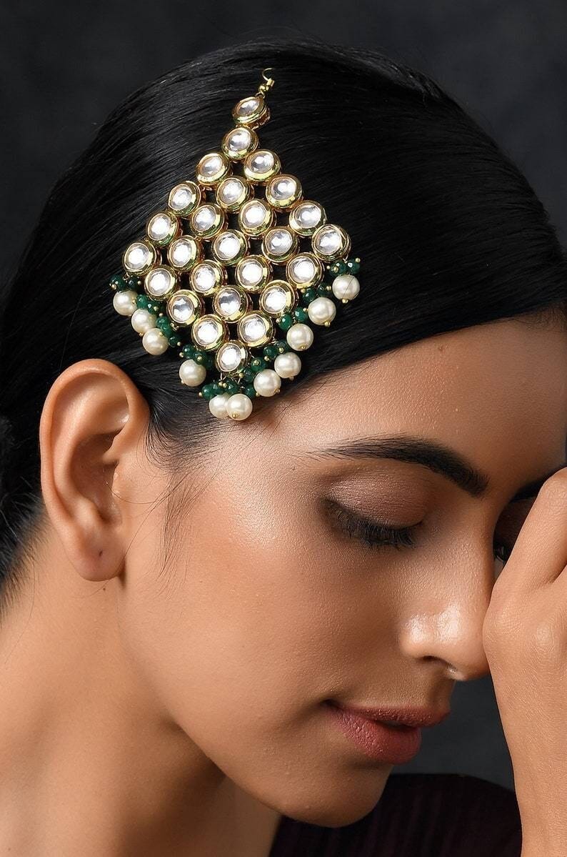 Gold Plated Green Emerald Kundan Passa Bridal Jhoomar Jewellery - Image 3