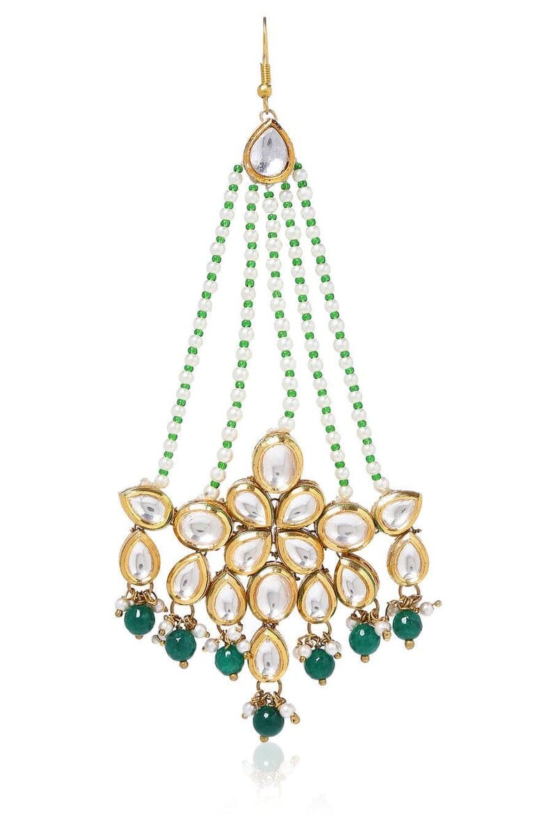 Gold Plated Green Emerald Kundan Passa Bridal Jhoomar Jewellery - Image 3