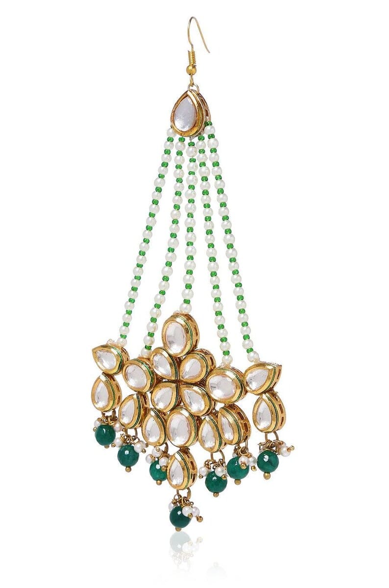 Gold Plated Green Emerald Kundan Passa Bridal Jhoomar Jewellery - Image 5