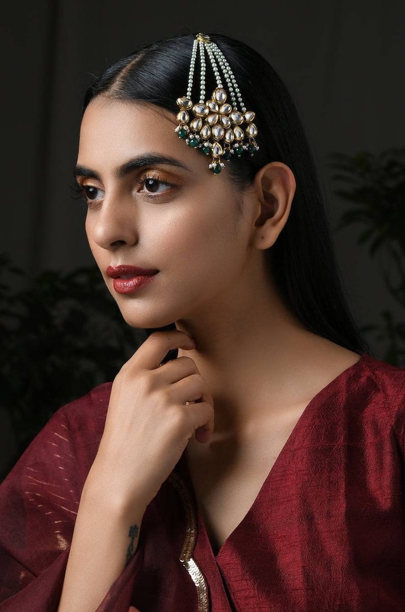 Gold Plated Green Emerald Kundan Passa Bridal Jhoomar Jewellery - Image 2