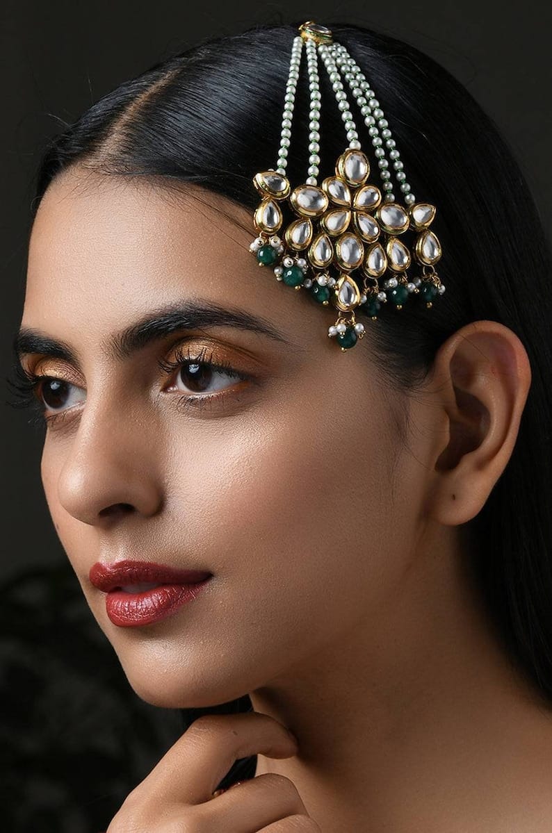 Gold Plated Green Emerald Kundan Passa Bridal Jhoomar Jewellery - Image 4