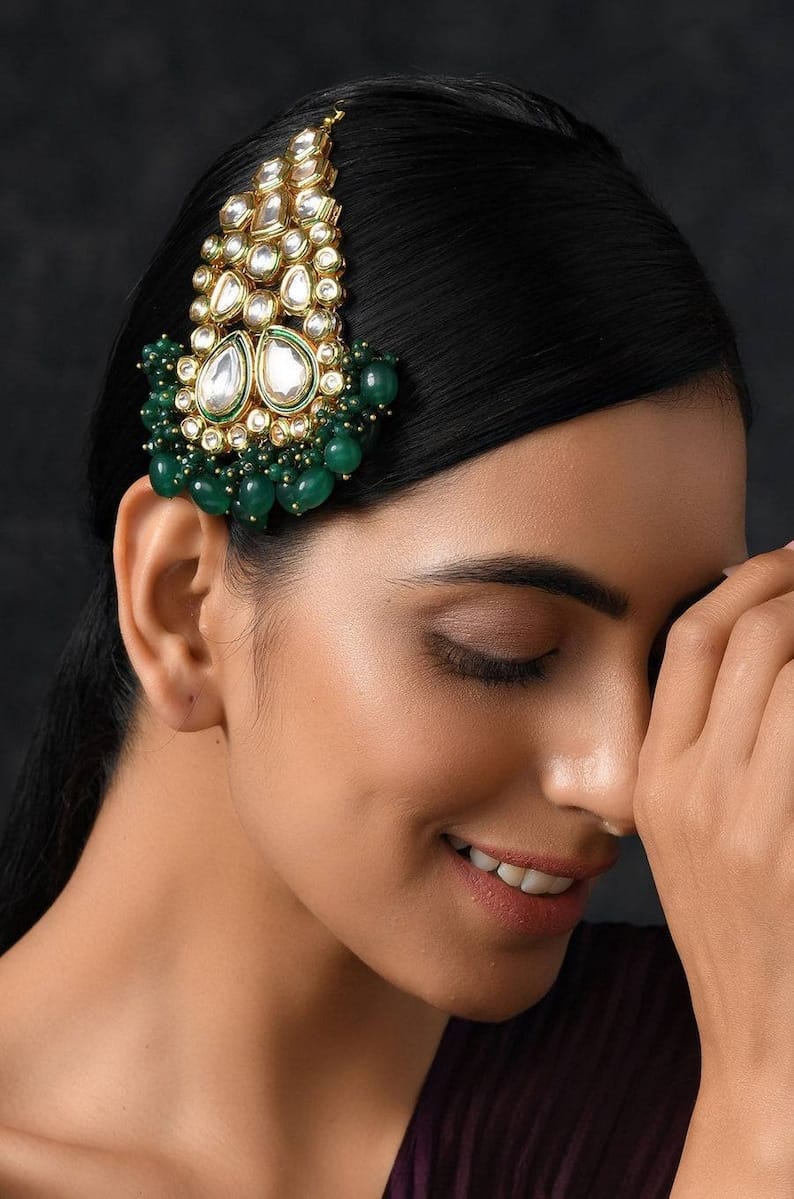 Gold Plated Green Emerald Kundan Passa Bridal Jhoomar Jewellery - Image 2