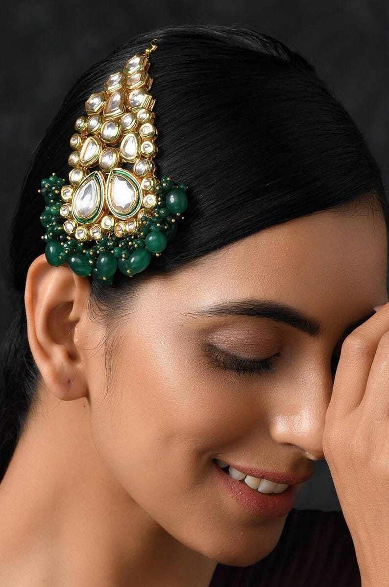Gold Plated Green Emerald Kundan Passa Bridal Jhoomar Jewellery - Image 3