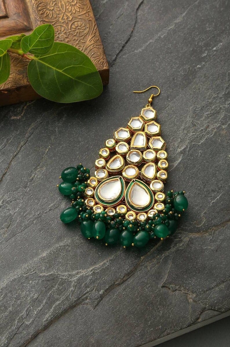 Gold Plated Green Emerald Kundan Passa Bridal Jhoomar Jewellery