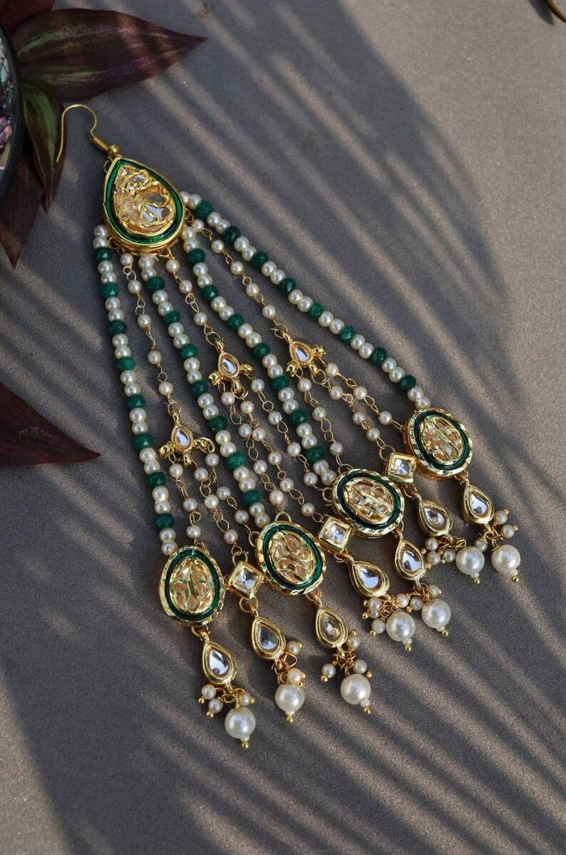 Gold Plated Green Emerald Kundan Passa Bridal Jhoomar Jewellery