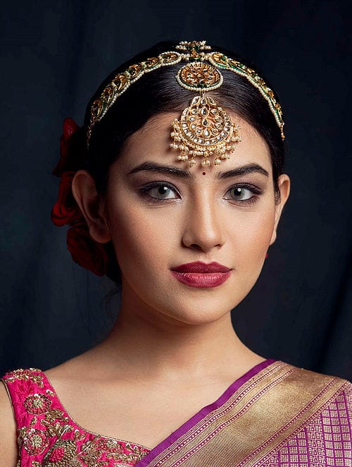 Gold Plated Artificial Stones Pearl Cluster Mathapatti - Image 2