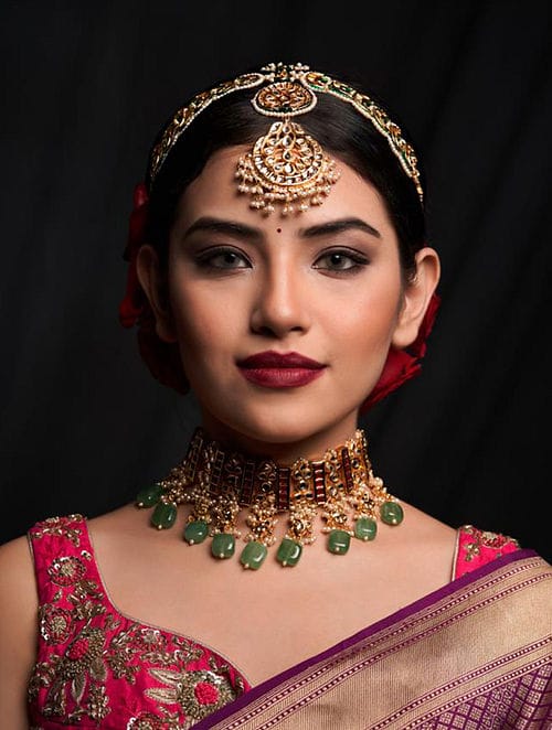 Gold Plated Artificial Stones Pearl Cluster Mathapatti - Image 3