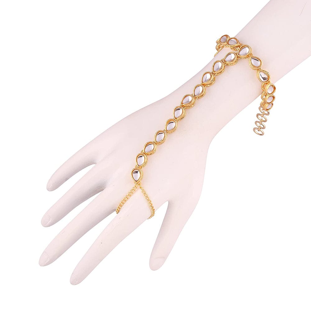 Elegant Kundan Gold Plated White Beads Hand Harness Bracelet (Pack Of 2)