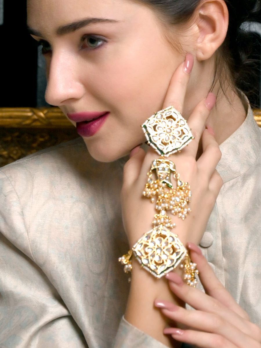 Elegant Kundan Gold Plated White Beads Hand Harness Bracelet (Pack Of 2) - Image 3