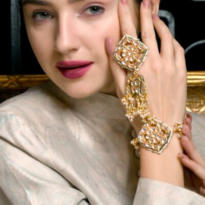 Elegant Kundan Gold Plated White Beads Hand Harness Bracelet (Pack Of 2)