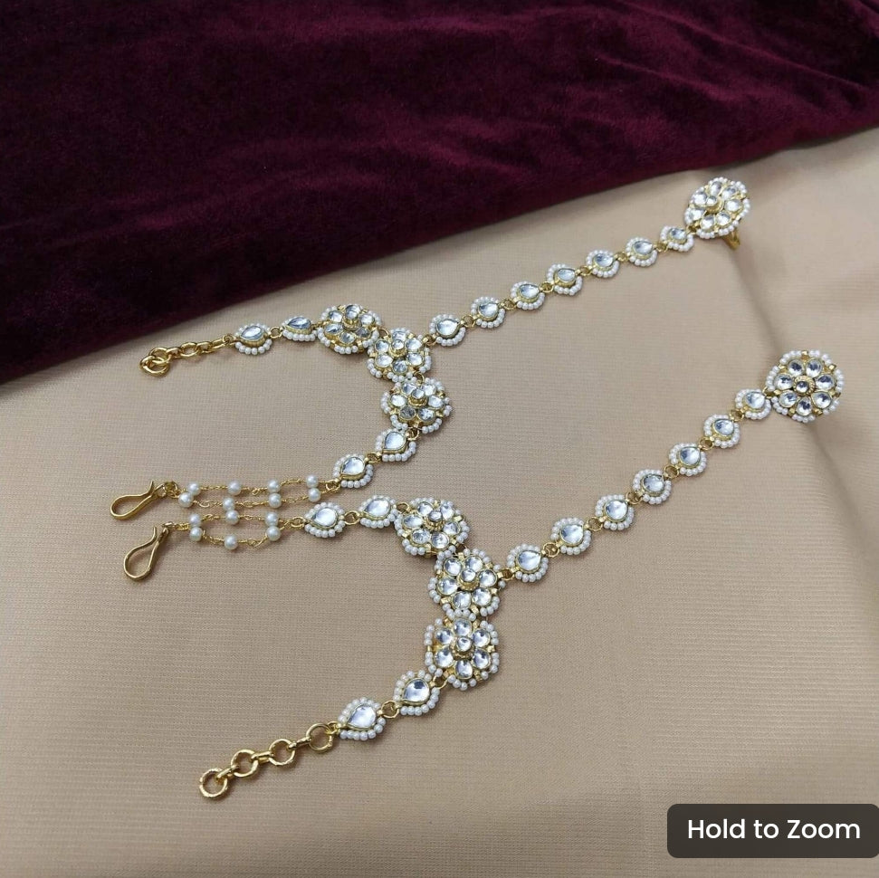 Elegant Kundan Gold Plated White Beads Hand Harness Bracelet (Pack Of 2)