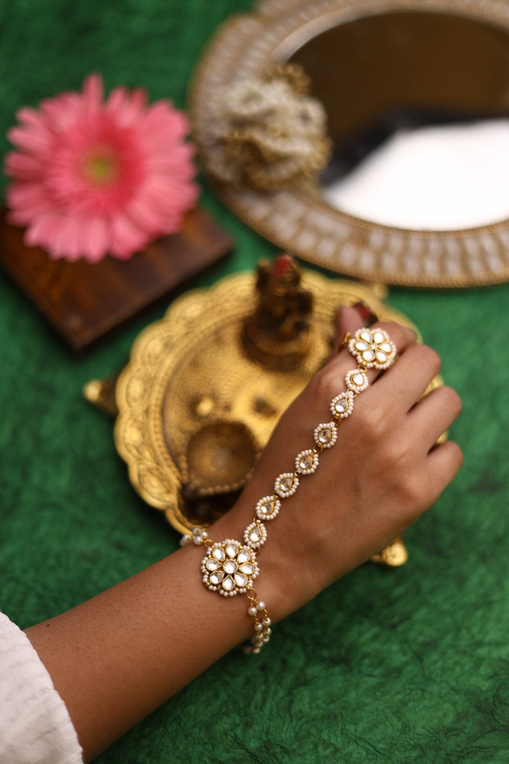 Elegant Kundan Gold Plated White Beads Hand Harness Bracelet (Pack Of 2) - Image 3
