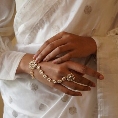 Elegant Kundan Gold Plated White Beads Hand Harness Bracelet (Pack Of 2)